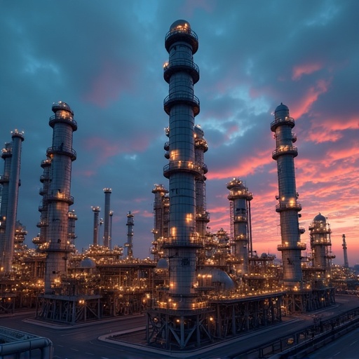 Oil refinery at dusk in India