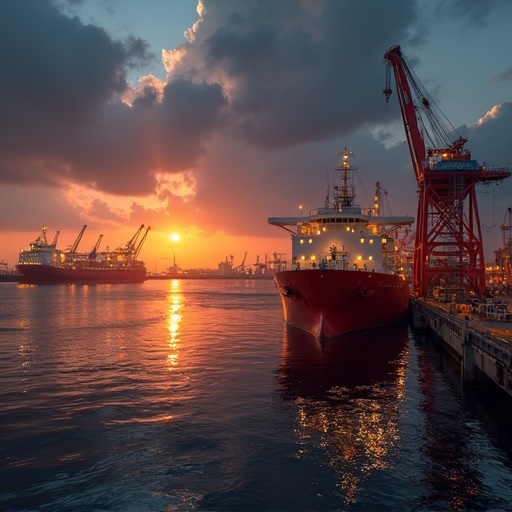 Oil tankers at Indian port, sunrise