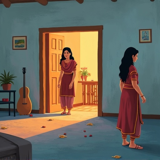 Illustration of a traditional Indian household with a subtle sign indicating domestic violence