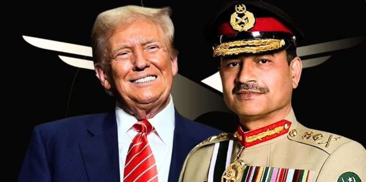 Pakistan Army Chief Asim Munir in uniform arriving at a military airport, U.S. and Pakistan flags visible.